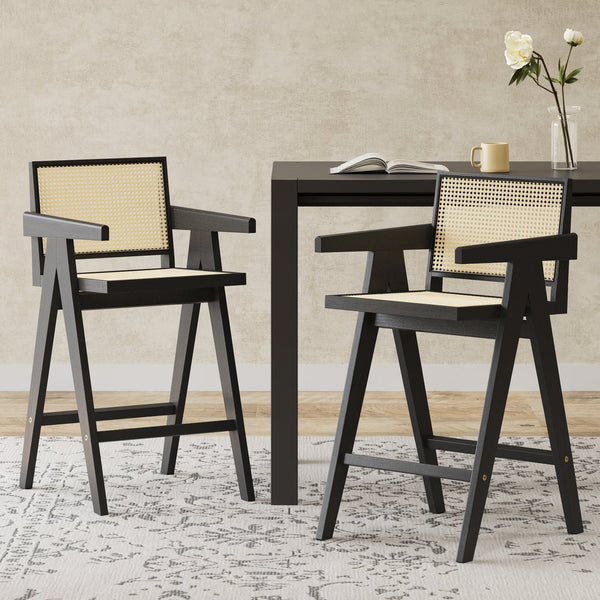 English Elm Christopher Knight Home® - 27'', Modern minimalist bar stool set of 2 with cane PE rattan seats, solid rubberwood frame, durable craft finish Black,Natural N780P237929B