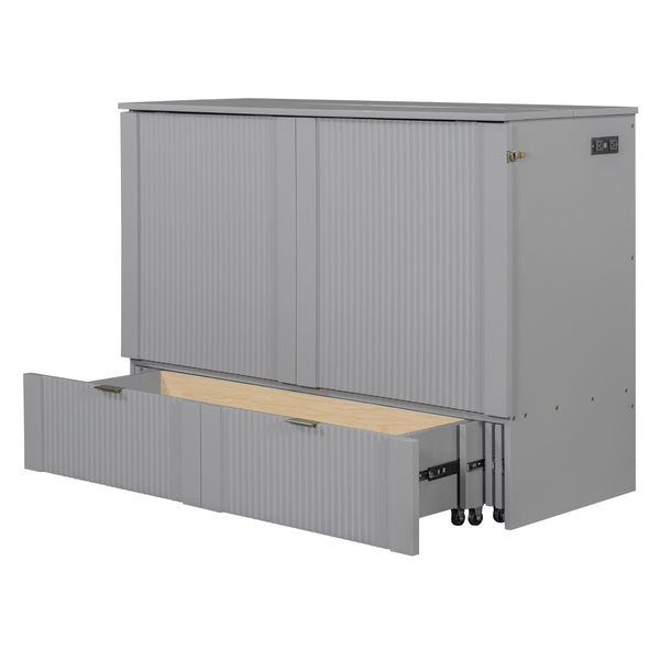 English Elm Full Size Wall Murphy Bed Cabinet with Usb Ports Drawer and Pulley Lift Gray Finish LP100770AAE
