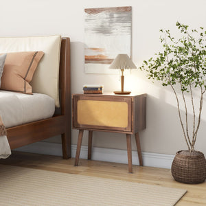 English Elm Rotating Rattan Nightstand Push Open Hidden Storage Mid Century Wood Leg Bedside Walnut N761P288451N