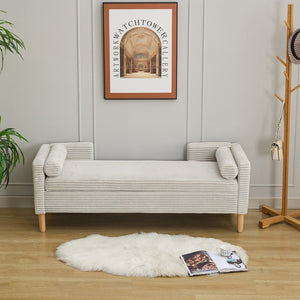 English Elm 65.35"wide Corduroy Storage Bench with Flip Top Bolster Pillows and Padded Backrest Light Gray W3118P410500