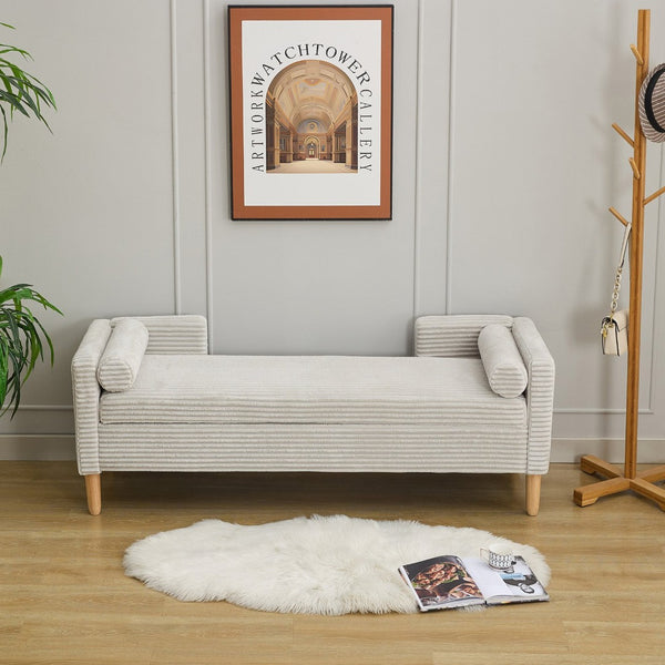 English Elm 65.35"wide Corduroy Storage Bench with Flip Top Bolster Pillows and Padded Backrest Light Gray W3118P410500