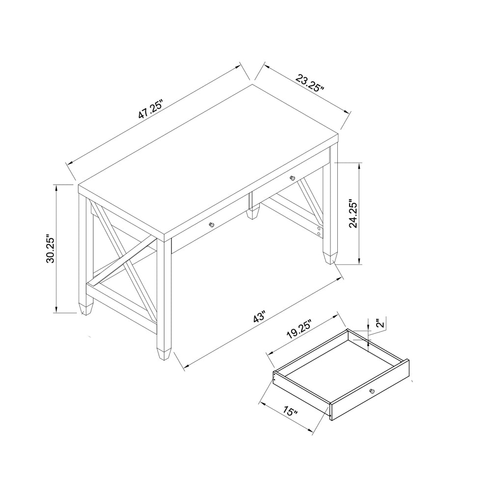 English Elm Home Office Desk - Classic Writing Table With X-Brace Leg Frame, Two Drawers, & Ample Workspace B107P302906