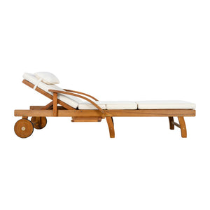 English Elm U_style Acacia Wood Outdoor Chaise Lounger with Reclining Backrest Cushions and Side Tray Beige N711P415859A
