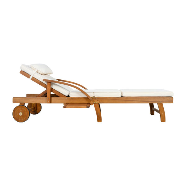 English Elm U_style Acacia Wood Outdoor Chaise Lounger with Reclining Backrest Cushions and Side Tray Beige N711P415859A