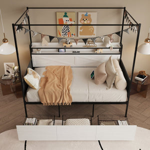 English Elm Twin Metal Daybed with Pull Out Trundle Guardrails Led Lights and Built in Charging W5026P404187