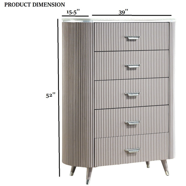 English Elm Unique Contemporary Chest with Cultured Stone Top, Reeded Panels, Silver Accents, Dovetail Drawers and Chrome Legs Light Gray 41 L x 21 W x 52 H B2741P370870