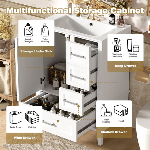 English Elm 24" Olive Bathroom Vanity Solid Wood Frame Ceramic Sink Gold Hardware Soft Close White N729P373276K