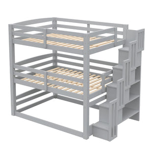 English Elm Full Size Triple Bunk Bed Solid Pine Frame with Storage Staircase Separate Convertible Design Gray N7090000477E