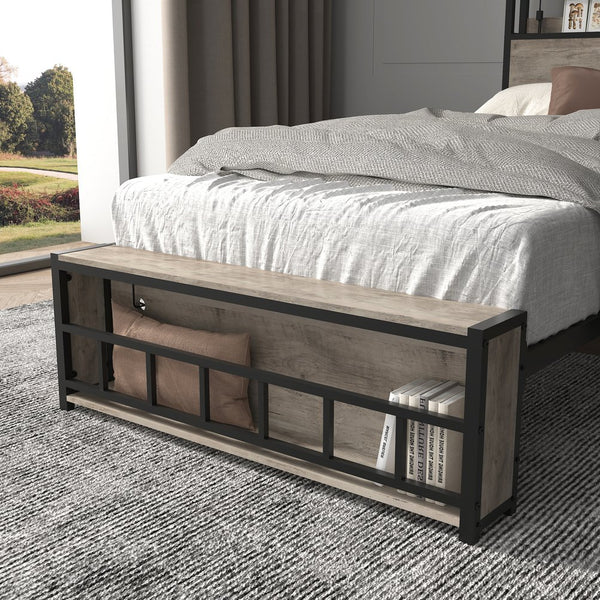 English Elm Twin Bed Frames with Storage Headboard, Built-In USB/Type-C Charging, LED Light, Space-Saving Design Black+ Gray W2129P314786