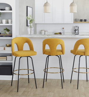 English Elm Fixed-height Swivel Barstools with Gold Footrest Black Frame White Upholstery Set B202S01874