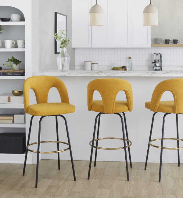 English Elm Fixed-height Swivel Barstools with Gold Footrest Black Frame White Upholstery Set B202S01874