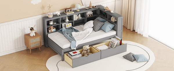 English Elm Wooden Twin Daybed with 2 Drawers, Built-In USB Charging & Double Shelf Storage, Pine Frame Durable Grey 42.91 L x 16.73 W x 6.69 H N733S170510E