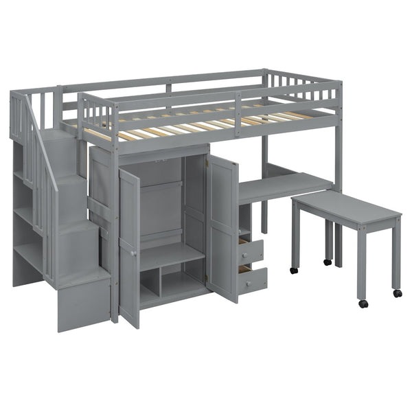 English Elm Queen Murphy Bed with Integrated Desk Cabinet Shelves Space Saving Studio Solution Gray N708S00013E