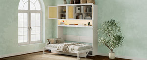English Elm Twin Murphy Bed with Rattan Cabinet Doors Led Lighting and Usb Charging for Small Spaces White LP000740AAK