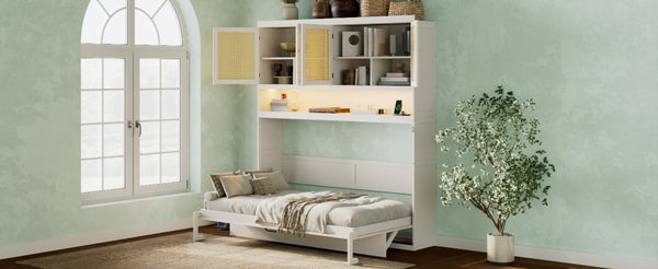 English Elm Twin Murphy Bed with Rattan Cabinet Doors Led Lighting and Usb Charging for Small Spaces White LP000740AAK