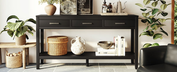 English Elm U_style Farmhouse Console Table with Three Drawers Open Shelf Entryway Organizer Black N711P410445B