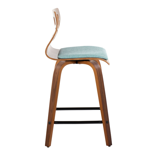 English Elm Folia Mid-Century Counter Stool 24" Set of 2 – Walnut Frame, Teal Upholstery, 360° Swivel & Footrest B202S00060