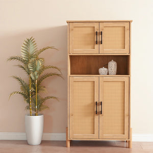 English Elm Mid-Century Woven Rattan Door Storage Cabinet with Adjustable Shelves and Solid Wood Legs, Stylish and Functional Natural 27.6 L x 15 W x 8.7 H W3151P288912