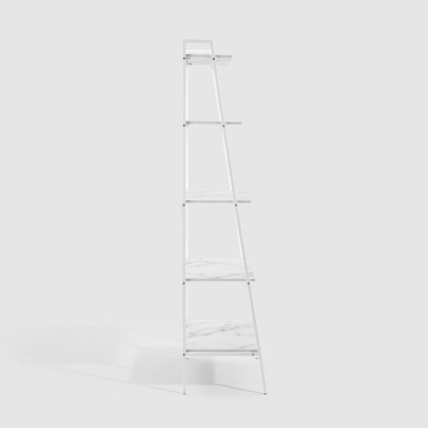 72" Metal & Wood Ladder Shelf White Calacatta Marble, White Metal BS72ARLDWCM Walker Edison