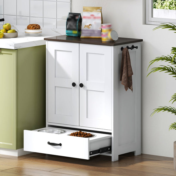 English Elm Dog Feeding Station Cabinet with Pull Out Bowls Storage Hooks White Pet Organizer W1687P205402