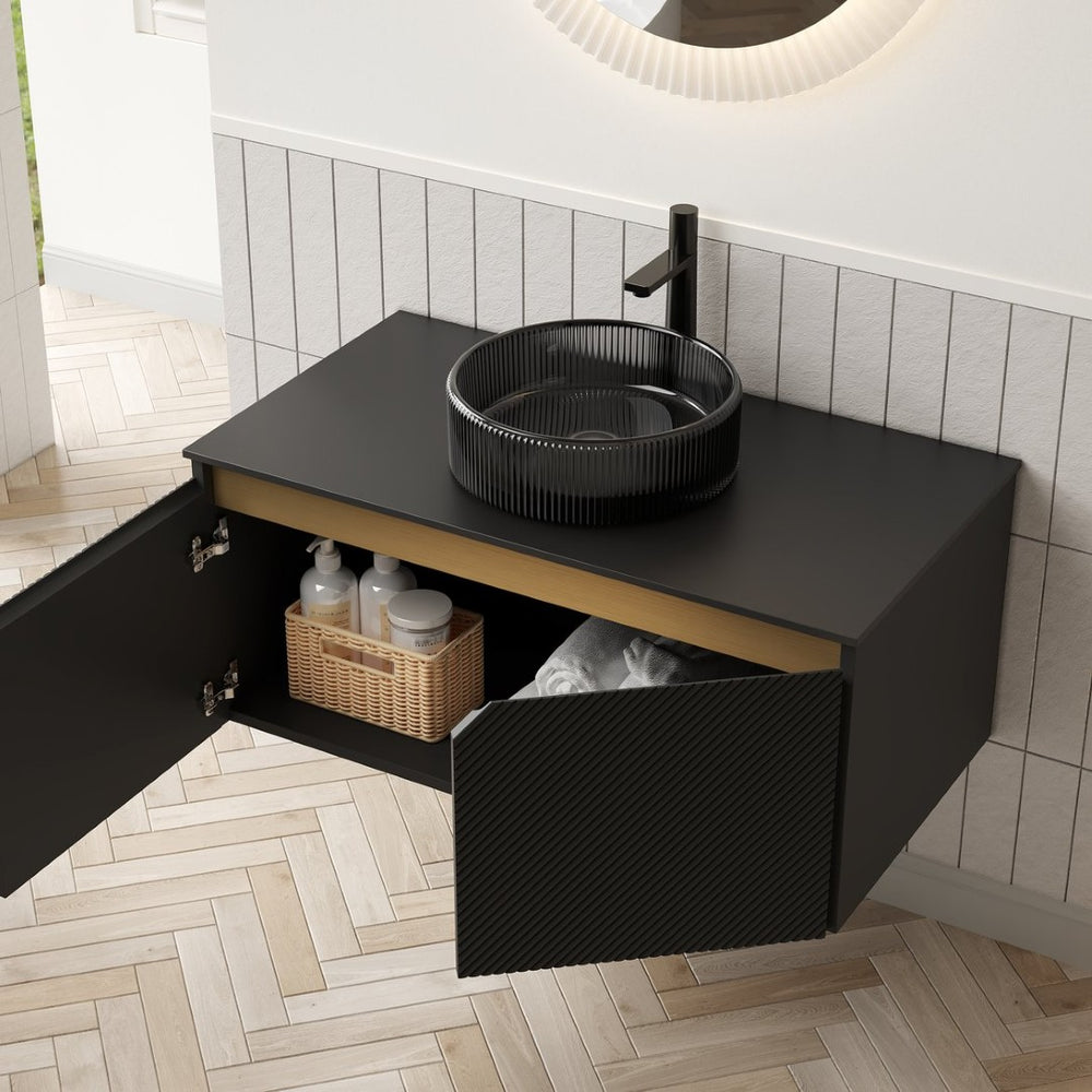 English Elm Dina Floating Bathroom Vanity Sintered Stone Top Glass Basin Striped Plywood Cabinet W2615S00553