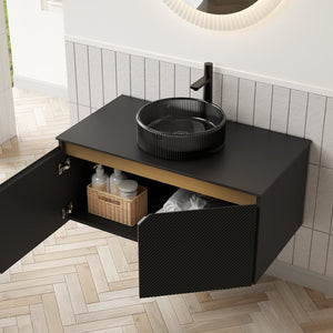 English Elm Dina Floating Bathroom Vanity Sintered Stone Top Glass Basin Striped Plywood Cabinet W2615S00553