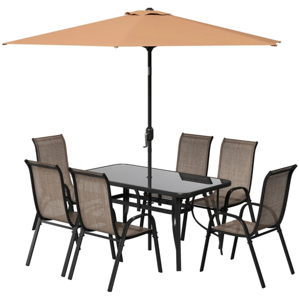 English Elm Modern Outdoor Dining Set 8 Piece Aluminum Mesh Chairs Glass Table with Umbrella T3971S00150