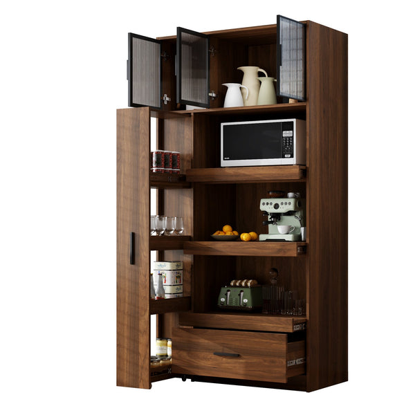English Elm 70.87" Tall Pantry Cabinet with Pull-Out Multi-Tier Shelves, Drawers & Glass Door for Organized Kitchens W331S00198 W331S00198