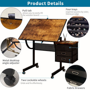 English Elm 1500 Piece Puzzle Table with Tilting Metal Frame Four Felt Trays and Rolling Caster Base W347P464234