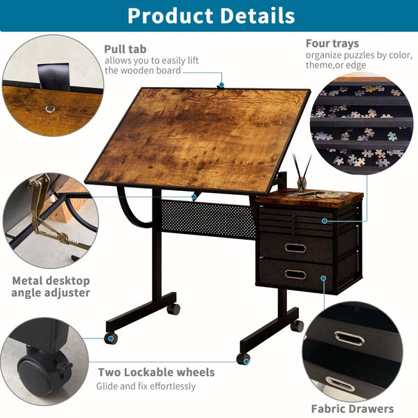English Elm 1500 Piece Puzzle Table with Tilting Metal Frame Four Felt Trays and Rolling Caster Base W347P464234