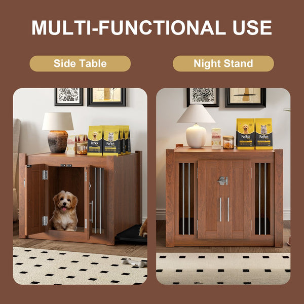 English Elm 30.25"L, 2 in 1 Night Stand & Dog Crate Walnut — Mid-Century Ottoman Bench w/ Storage, 300 lb Capacity, Removable Cushion N843P293628W