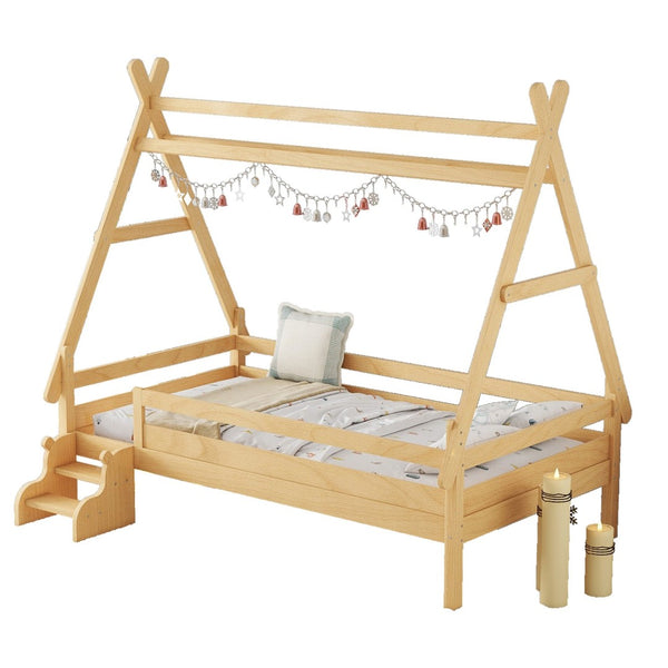 English Elm Twin House Shaped Platform Bed Solid Pine Frame with Built in Stairs for Kids W1580P354719