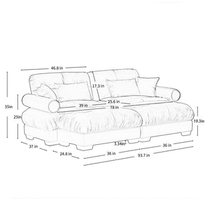 English Elm Over Size Modern Two-Seater Sofa With Ottoman - Plush Velvet, Stylish Bolster Armrests & Pillows W714S01070-GIGA