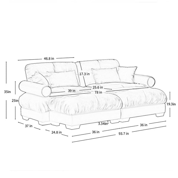 English Elm Over Size Modern Two-Seater Sofa With Ottoman - Plush Velvet, Stylish Bolster Armrests & Pillows W714S01070-GIGA