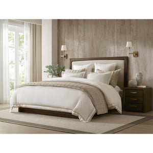 JLA Home Harbor House - Duvet Linen-blend Cover Set with Tailored Double-Flange Embroidery, Shell Buttons & Breathable Luxury White/Gold HHD12-1938