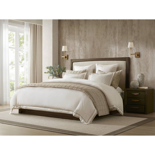 JLA Home Harbor House - Duvet Linen-blend Cover Set with Tailored Double-Flange Embroidery, Shell Buttons & Breathable Luxury White/Gold HHD12-1938