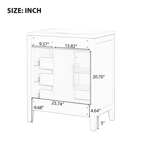 English Elm 30" Modern Bathroom Vanity with Sink Combo — Solid Rubberwood & MDF, 3 Drawers, Freestanding Contemporary Design White N725P246482K