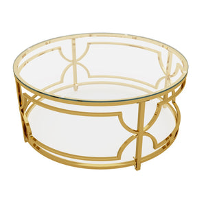 English Elm Round Tempered Glass Coffee Table with Gold Geometric Metal Base and Open Storage Shelf Transparent N735P396530K