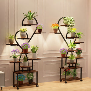 English Elm (Heart Shape) Plant Stand Indoor with LED Grow Lights, Tiered Metal Tree Shelf, Stylish Black/Walnut Decor W2641P323276