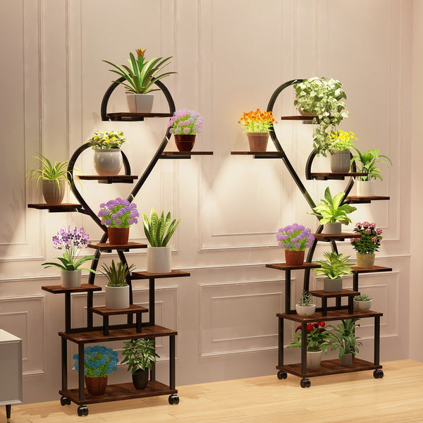 English Elm (Heart Shape) Plant Stand Indoor with LED Grow Lights, Tiered Metal Tree Shelf, Stylish Black/Walnut Decor W2641P323276
