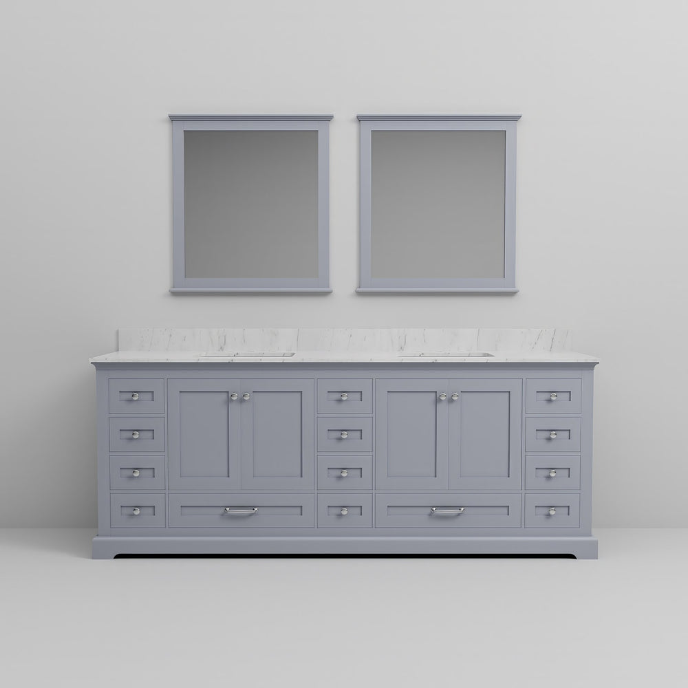 English Elm Dark Grey Double Bath Vanity 84" W With Carrara Marble Top & 34" Mirrors – Elegant Storage Solution B2731S00824