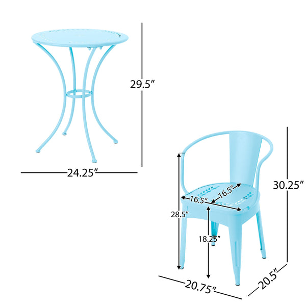 English Elm Christopher Knight Home® - LOURDES Matte Light Blue 3-Piece Iron Bistro Set – Weather-Resistant Floral Patio Table & 2 Chairs N773P278415B