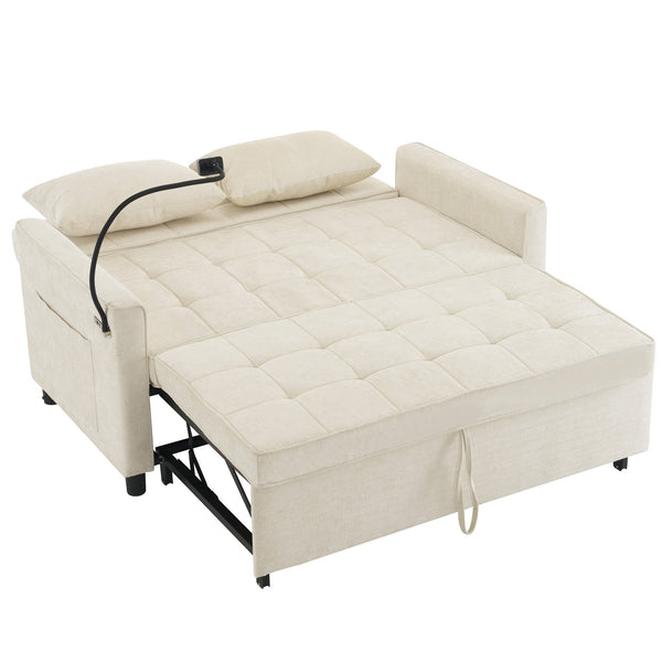 English Elm 56.9" Loveseat Sofa Bed with Chenille Upholstery, USB Ports, Phone Holder, Side Pockets, Reclining Backrest Beige N719P208853A