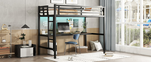 English Elm Metal Twin XL Loft Bed with Desk, LED Smart Light & Front Power Outlet, Space-Saving Black Design W1580P251090