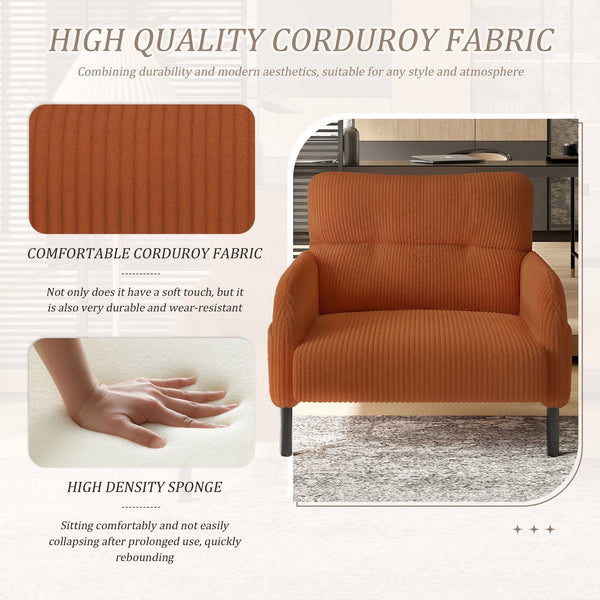 English Elm UNITED Corduroy Accent Chair with Ergonomic Curve, High-Density Foam Seat & Dual Side Pockets for Cozy Living Spaces Orange W1568P307259