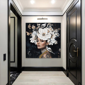 English Elm Floral Black White Woman Canvas Art with Bird Tattoo Portrait — Modern Aesthetic Oil Print for Home Decor W3374P322231