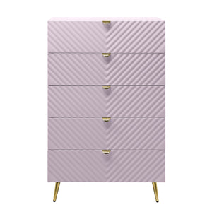 English Elm Gaines High Gloss Chest with Wave Pattern Design, Metal Legs, 5 Drawers, Durable Composite MDF Storage Pink 31 L x 15 W x 5 H B2726S00400