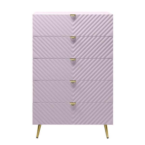 English Elm Gaines High Gloss Chest with Wave Pattern Design, Metal Legs, 5 Drawers, Durable Composite MDF Storage Pink 31 L x 15 W x 5 H B2726S00400