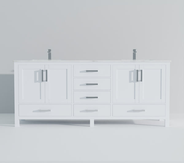 English Elm White Double Bath Vanity 84" W x 22" D with Carrara Marble Top, 14 Drawers, Soft-Close, Faucet Included B2731P259146
