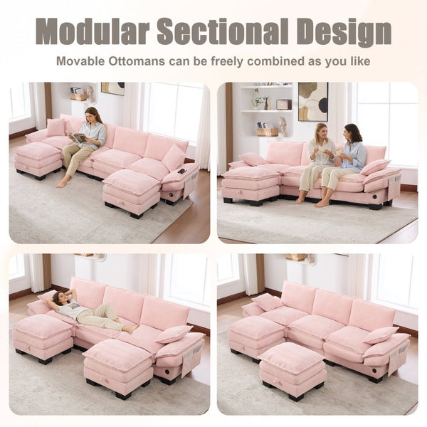 English Elm Sectional Modular Cloud Sofa Deep Corduroy Upholstered Comfort for Living Room Studio Pink W395S00134